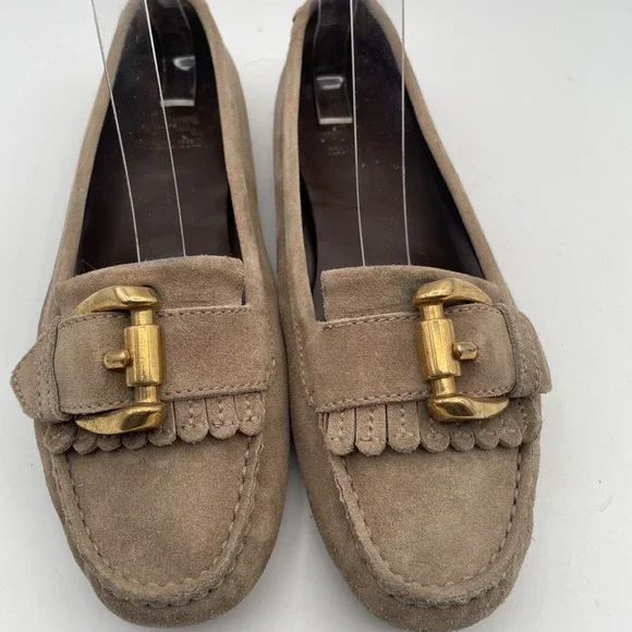 Burberry Shoes Women 6 Flats Driving Beige Loafer Leather Moccasin Buckle Strap - Picture 2 of 10